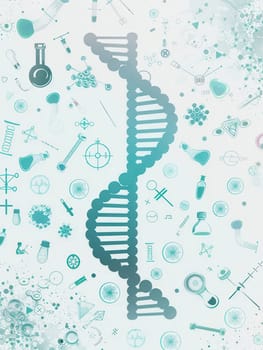 A double helix DNA strand is intricately displayed with various medical icons, including microscopes, test tubes, and stethoscopes, highlighting scientific innovation.