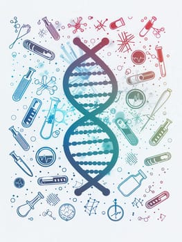 This artwork features a double helix DNA strand surrounded by various medical icons, representing the intersection of genetics and healthcare.