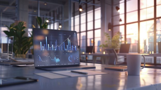 A sleek office features a laptop displaying charts, natural light from large windows, and a serene atmosphere as the sun sets in the background.