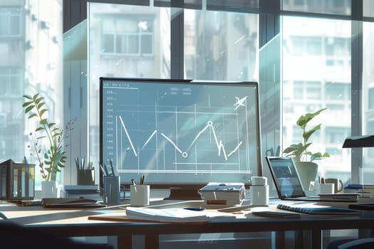 A contemporary office setting fills with sunlight through large windows, showcasing a computer screen displaying financial data and a tidy workspace.