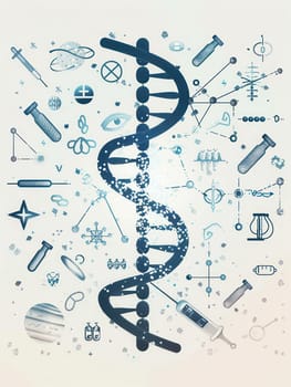 A striking double helix DNA strand is surrounded by various medical symbols, including microscopes, test tubes, and stethoscopes, representing scientific research.