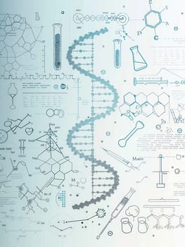 A double helix DNA strand is surrounded by various medical icons, including microscopes, test tubes, and stethoscopes, representing scientific inquiry and health.
