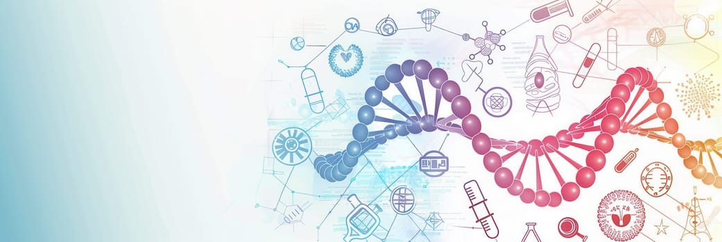 A vibrant double helix DNA strand is encircled by diverse medical icons, symbolizing the intersection of genetics and healthcare innovation.