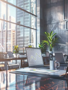 A sleek office features a laptop displaying graphs, a coffee mug, and plants, all illuminated by natural light streaming through expansive windows.
