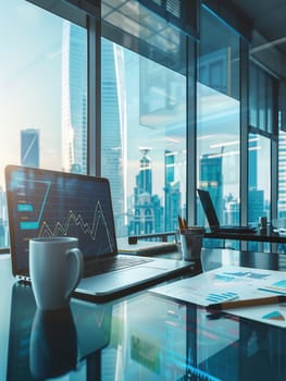 A sleek workspace features a laptop displaying graphs, a coffee mug, and city views as golden light streams through expansive windows.