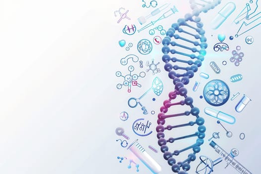 A double helix DNA strand is showcased with various medical icons representing laboratory tools and biological research, highlighting advancements in science.