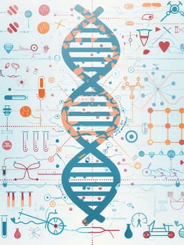 A double helix DNA strand is illustrated alongside various medical icons, depicting the connection between genetics and healthcare.