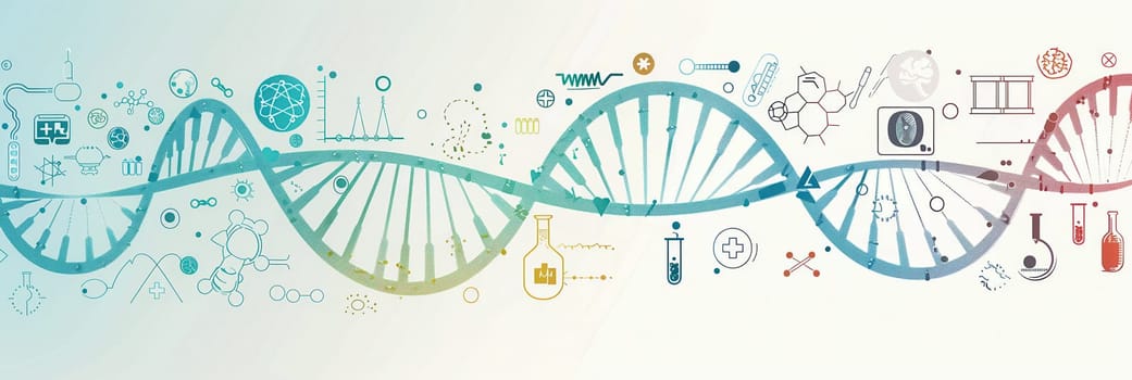 A double helix DNA strand is depicted surrounded by medical icons including microscopes, test tubes, and stethoscopes, illustrating scientific exploration.