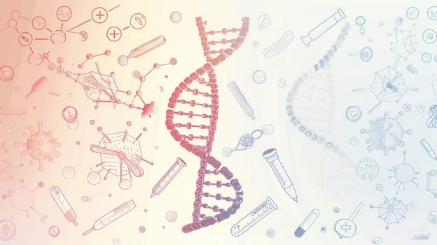A double helix DNA strand is surrounded by icons representing scientific tools, illustrating biotechnology research and medical applications.