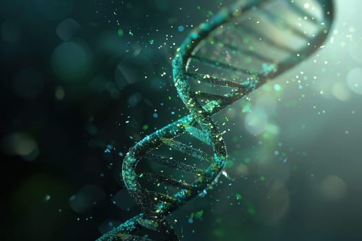 A colorful double helix structure of DNA is depicted against an abstract background, surrounded by shimmering particles creating a dynamic scientific atmosphere.