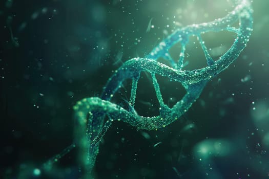 A captivating abstract representation of a double helix DNA structure illuminated by ethereal light particles in a vibrant greenish-blue background.