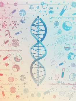 A double helix DNA strand is illustrated, surrounded by various medical icons representing scientific tools and research in a lab environment.