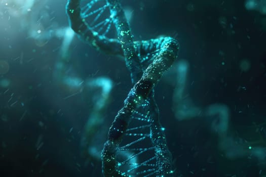A captivating double helix of DNA floats gracefully in an abstract cosmic background filled with swirling colors and sparkling lights.