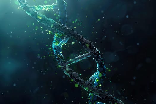 A dynamic double helix DNA structure brightly illuminated against a dark abstract background, showcasing glowing particles and ethereal colors.
