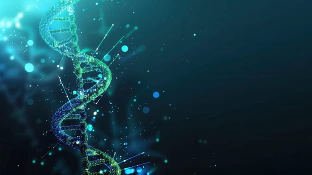 A vibrant abstract background highlights a double helix DNA structure, showcasing its intricate design and scientific significance.
