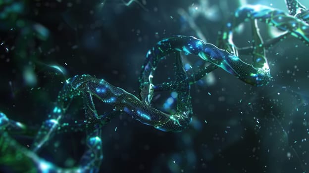 A vibrant double helix structure of DNA floats against an abstract background, showcasing intricate patterns and colors in a captivating visual representation.