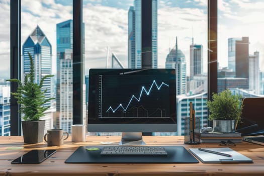 A sleek office features a computer displaying a growth chart, with plants and a coffee cup, bathed in natural light from large windows.