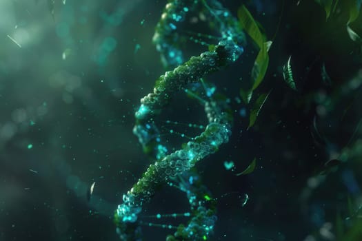 A vibrant double helix structure of DNA emerges against an abstract green backdrop, showcasing intricate details in a mesmerizing scientific representation.