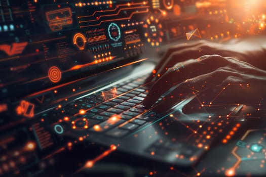 A hacker's hands rapidly type on a keyboard, surrounded by glowing digital symbols and codes, creating an atmosphere of high-tech activity.