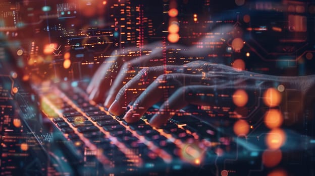 Hands are actively typing on a keyboard, overlaid with glowing digital symbols and codes, creating an atmosphere of focused cyber activity.