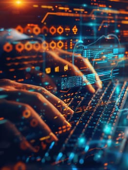 A hacker focuses intently while typing on a keyboard, surrounded by glowing codes and digital symbols, creating an atmosphere of high-tech espionage.