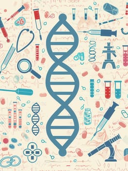 A double helix DNA strand is surrounded by diverse medical icons like microscopes, test tubes, and stethoscopes, representing the intersection of science and medicine.