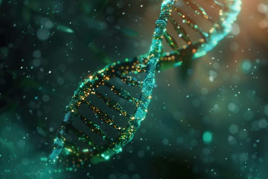 The vibrant depiction showcases a double helix DNA structure illuminated by soothing light in an abstract aquatic atmosphere, evoking a sense of wonder.