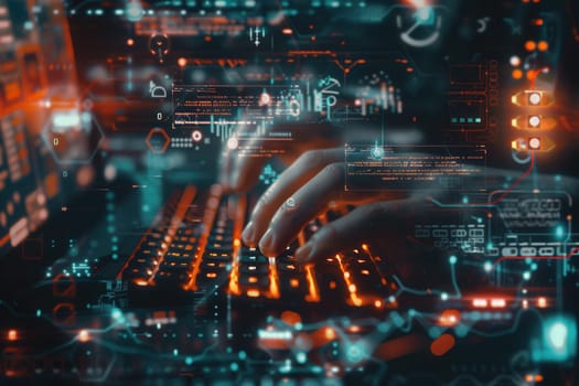 Hands skillfully type on a keyboard, surrounded by an array of dynamic digital symbols and code, reflecting the intensity of hacking activities.