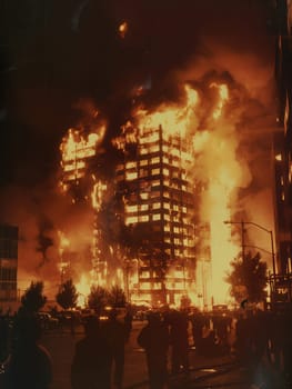 Firefighters are working diligently to control a massive blaze engulfing a multi-story building, with flames threatening nearby structures.