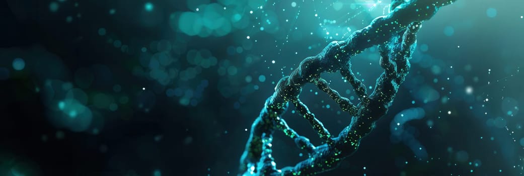 A vibrant double helix structure of DNA elegantly swirls in a luminous abstract environment filled with glowing particles.