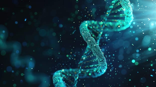 A vibrant double helix structure of DNA surrounded by abstract lighting and shimmering particles creates a captivating visual effect.