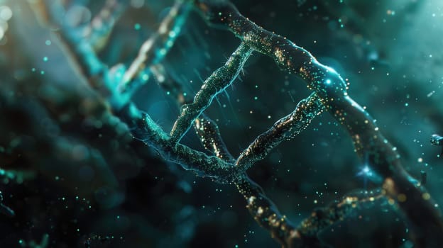 This abstract background showcases a vibrant double helix DNA structure set against a cosmic backdrop filled with glowing elements.