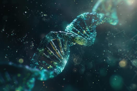 A vibrant double helix DNA structure spirals through a dark, abstract background filled with shimmering particles and a cosmic feel.
