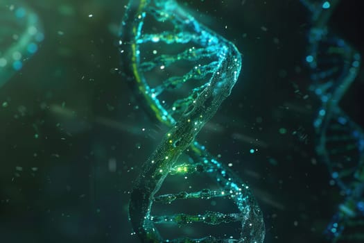 An abstract backdrop features a glowing double helix DNA structure, symbolizing genetic information and the essence of molecular biology research.