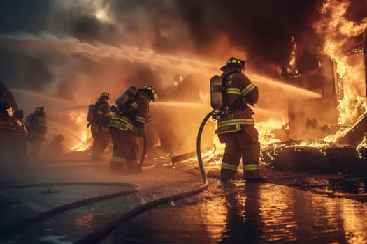 Firefighters are engaged in a fierce battle against flames consuming a multi-story building, with water hoses spraying to control the blaze.