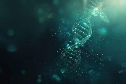 A mesmerizing double helix structure of DNA is surrounded by sparkling particles against a dark abstract background, illustrating the beauty of genetic science.