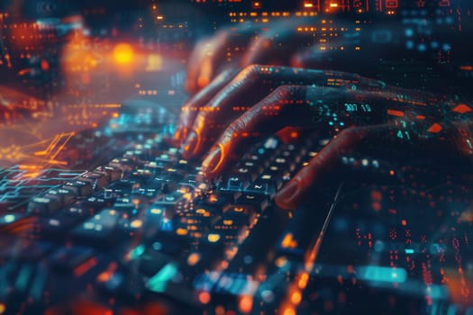 A hacker's hands move swiftly across a keyboard, surrounded by a flurry of digital symbols and codes, creating a high-tech atmosphere.
