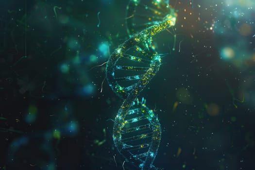 Colorful double helix DNA structure gracefully twists against an abstract backdrop, showcasing the beauty of genetic design with sparkling effects.