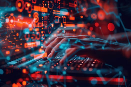 A hacker's hands move swiftly over a keyboard as digital symbols and codes overlay the screen, showcasing a high-tech environment at nighttime.