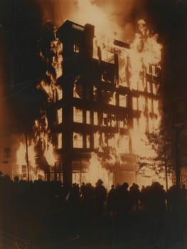 Firefighters actively combat a large blaze engulfing a multi-story building surrounded by other burning structures in the dark of night.