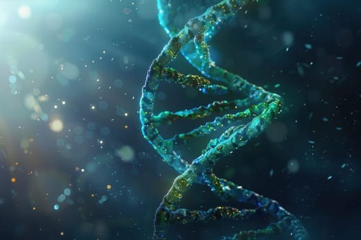A captivating double helix of DNA is illustrated against an abstract, colorful backdrop, enhanced by dynamic light effects and floating particles.