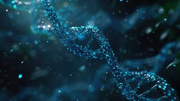 A luminous double helix structure of DNA shimmers against an abstract dark background, creating a sense of depth and intrigue.