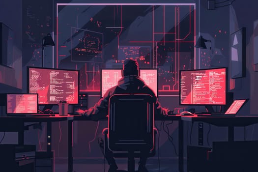 A hacker concentrates on complex tasks at a desk illuminated by glowing screens, shrouded in a dimly lit atmosphere of a night workspace.