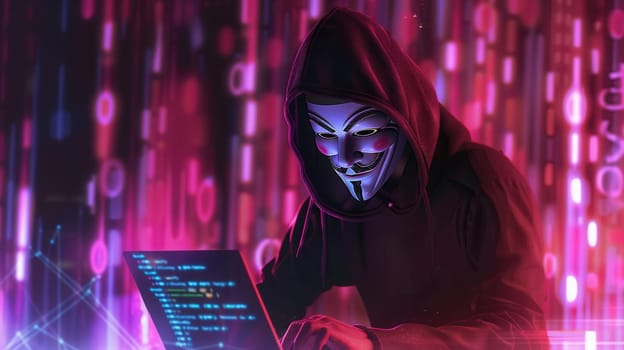 A hacker, wearing a dark hood, operates a laptop amidst a backdrop of vibrant, flowing data streams at night.