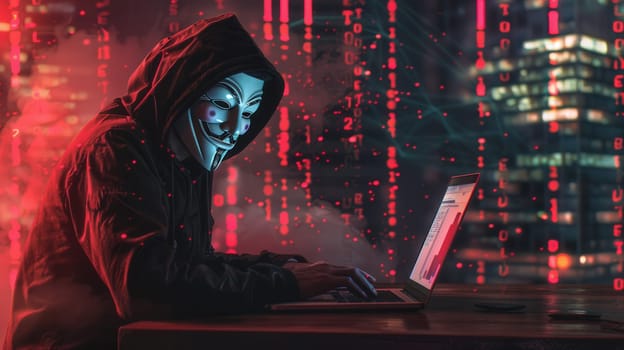 A masked hacker sits focused on a laptop, illuminated by glowing digital code, creating an atmosphere of intrigue and cyber activity.