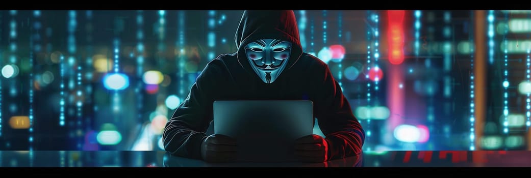 A hooded individual is focused on a laptop, illuminated by digital displays in a bustling city at night.