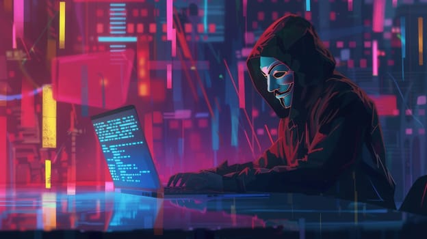 A hooded figure intently types on a laptop, surrounded by vibrant neon lights in a dark urban landscape.