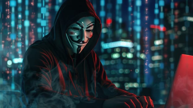 A hooded figure types on a laptop in a dark environment, surrounded by glowing city lights and digital codes, focusing intently on their task.
