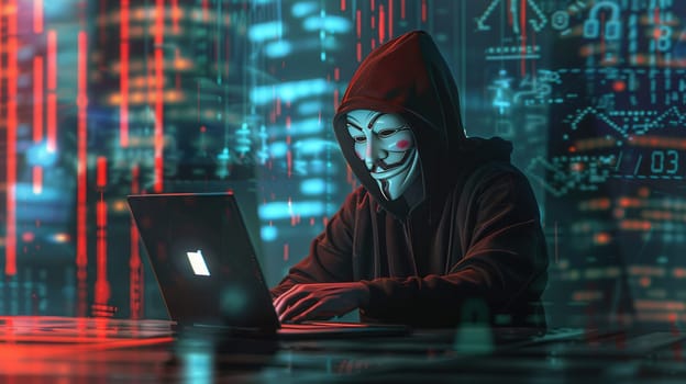A hacker in a hooded sweatshirt uses a laptop, surrounded by glowing digital codes and data streams, indicating active cyber intrusion late at night.