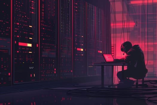 A hacker focuses intently on a laptop in a dark server room filled with flickering lights and tangled cables during the late-night hours.